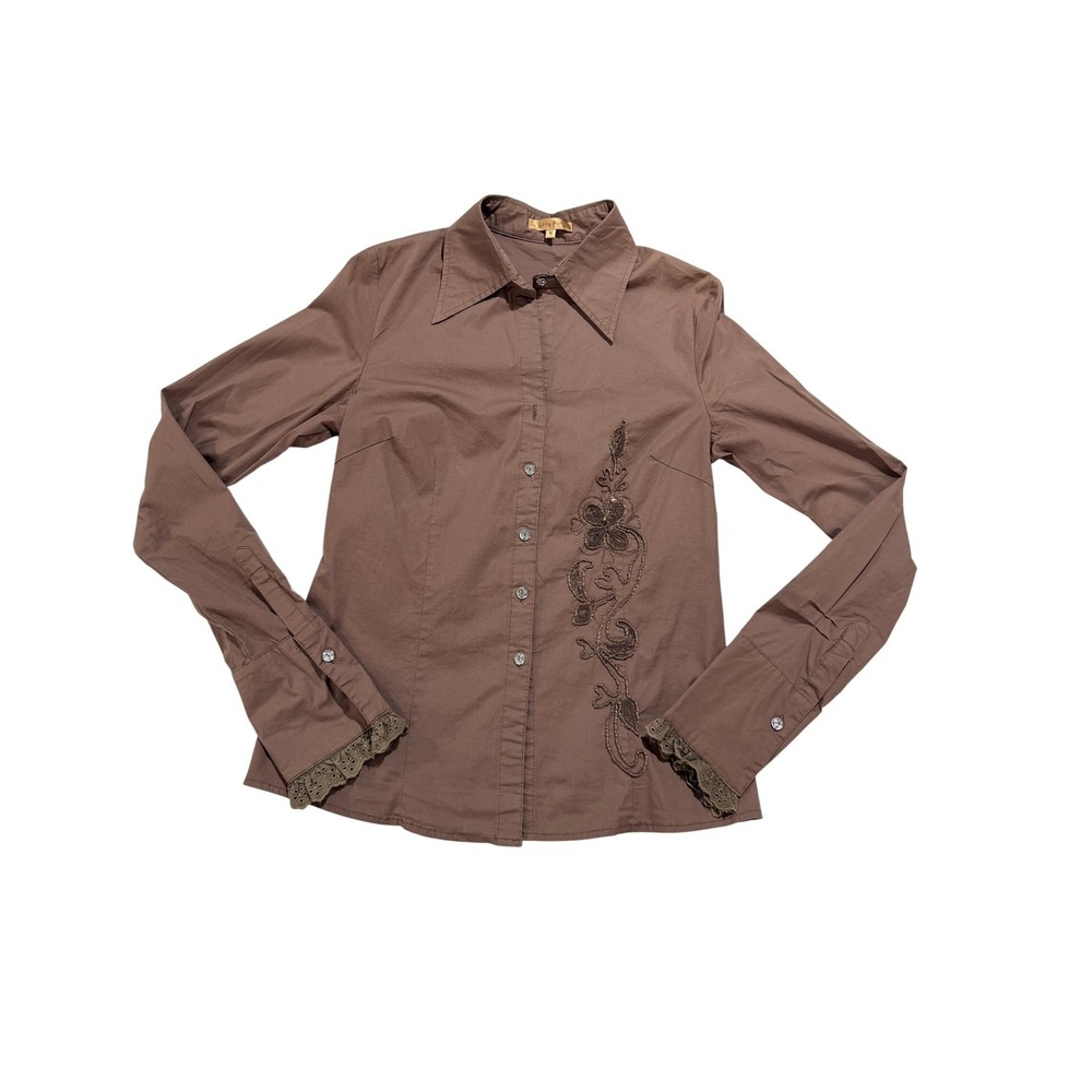 Lucy Paris Brown Button Front Blouse Embroidered Floral Fitted Stretch M Y2K
